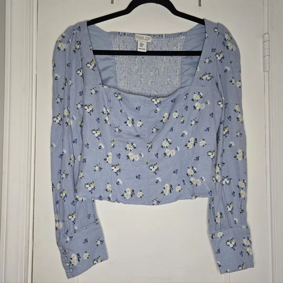Blue Corset Style Floral Long Sleeve Crop Top - Women's Medium - Picture 2 of 9